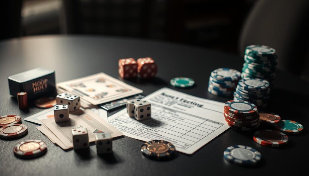A well-lit tabletop scene showcasing an assortment of sports betting props, including dice, cards, betting chips, and a betting slip. The props are arranged in a visually appealing and organized manner, conveying the strategic and analytical nature of prop betting. The lighting is soft and directional, creating subtle shadows and highlights that accentuate the textures and details of the objects. The background is slightly blurred, keeping the focus on the central props and creating a sense of depth and professionalism. The overall mood is one of thoughtful contemplation, hinting at the careful planning and decision-making involved in successful prop betting strategies.