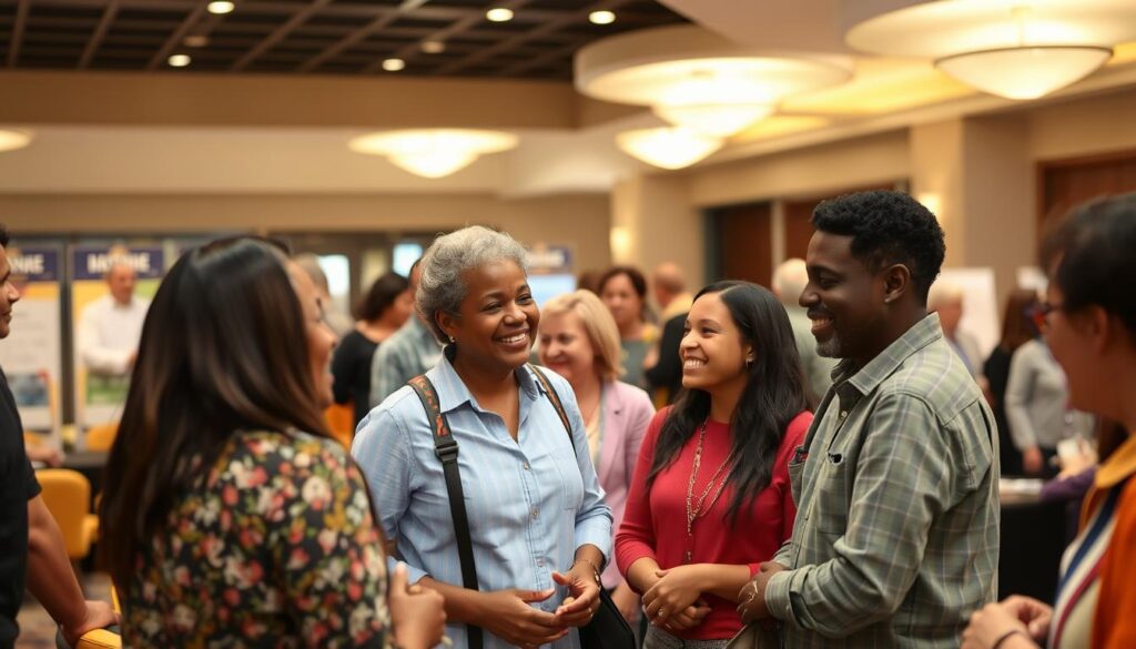 a vibrant community gathering, with people of diverse backgrounds connecting and supporting one another in a safe, welcoming environment. The foreground features a group of individuals engaged in lively conversation, their expressions conveying a sense of camaraderie and trust. In the middle ground, there are informational booths and resource tables, manned by helpful staff offering guidance and resources related to responsible gambling. The background showcases a warm, well-lit space with comfortable seating areas and soothing decor, creating an atmosphere of comfort and security. Soft, diffused lighting from overhead fixtures casts a gentle glow, reinforcing the sense of a nurturing, inclusive community. a vibrant community gathering, with people of diverse backgrounds connecting and supporting one another in a safe, welcoming environment. The foreground features a group of individuals engaged in lively conversation, their expressions conveying a sense of camaraderie and trust. In the middle ground, there are informational booths and resource tables, manned by helpful staff offering guidance and resources related to responsible gambling. The background showcases a warm, well-lit space with comfortable seating areas and soothing decor, creating an atmosphere of comfort and security. Soft, diffused lighting from overhead fixtures casts a gentle glow, reinforcing the sense of a nurturing, inclusive community.