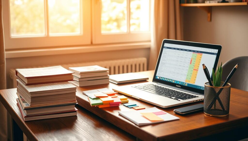 A cozy home office setup with a wooden desk, a stack of financial books, and a laptop displaying a spreadsheet. The room is bathed in warm, natural lighting from a large window, creating a sense of focus and productivity. On the desk, a variety of colorful sticky notes and a pen holder suggest a systematic approach to budgeting and investment strategies. The overall atmosphere conveys a welcoming, educational vibe, perfect for a beginner's guide to financial planning.