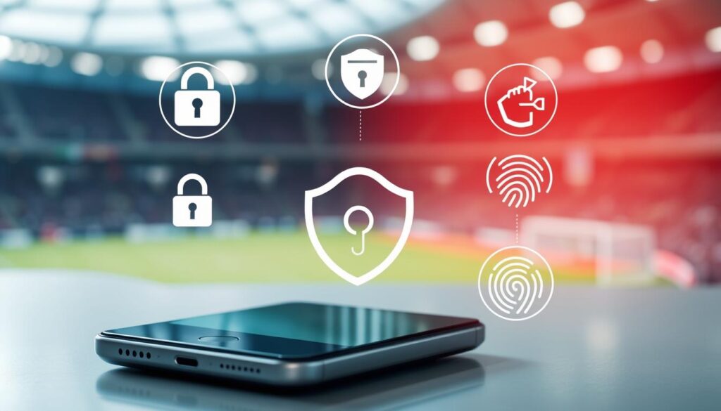A mobile device with a sports betting app prominently displayed, surrounded by icons representing security essentials such as a lock symbol, a shield, and a fingerprint scanner. The device is set against a blurred background featuring a sports stadium or arena, conveying the idea of secure mobile sports betting. The lighting is soft and diffused, creating a sense of reliability and trustworthiness. The camera angle is slightly elevated, giving a professional and authoritative perspective on the scene.