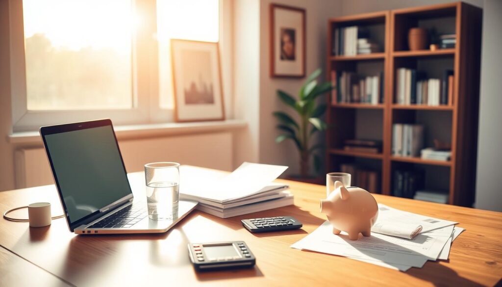 A serene home office setting with a neatly organized desk, a laptop, and a stack of financial documents. Warm, natural lighting from a large window bathes the scene in a soft, inviting glow. On the desk, a piggy bank, a calculator, and a glass of water symbolize responsible money management. The walls are adorned with minimalist artwork, creating a calming, professional atmosphere. In the background, a bookshelf filled with finance-related books and a potted plant add depth and balance to the composition. The overall mood conveys a sense of control, discipline, and a thoughtful approach to personal finance and gambling activities. A serene home office setting with a neatly organized desk, a laptop, and a stack of financial documents. Warm, natural lighting from a large window bathes the scene in a soft, inviting glow. On the desk, a piggy bank, a calculator, and a glass of water symbolize responsible money management. The walls are adorned with minimalist artwork, creating a calming, professional atmosphere. In the background, a bookshelf filled with finance-related books and a potted plant add depth and balance to the composition. The overall mood conveys a sense of control, discipline, and a thoughtful approach to personal finance and gambling activities.