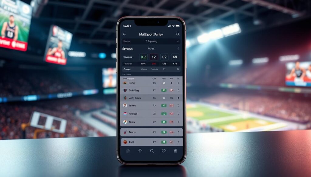 A sleek and intuitive mobile interface for crafting multi-sport parlays. In the foreground, a minimalist betting slip showcases upcoming games across basketball, football, and baseball, with intuitive controls for selecting teams, spreads, and odds. The middle ground features a vibrant, dynamic scoreboard updating live results, creating an immersive experience. In the background, a seamless blend of sports imagery - players in action, iconic stadiums, and energetic crowds - evokes the excitement of the games. Soft, diffused lighting creates a premium, high-tech ambiance, while a clean, modern layout prioritizes functionality and user-friendliness. The overall aesthetic conveys a sense of control, confidence, and the thrill of building a winning multi-sport wager. A sleek and intuitive mobile interface for crafting multi-sport parlays. In the foreground, a minimalist betting slip showcases upcoming games across basketball, football, and baseball, with intuitive controls for selecting teams, spreads, and odds. The middle ground features a vibrant, dynamic scoreboard updating live results, creating an immersive experience. In the background, a seamless blend of sports imagery - players in action, iconic stadiums, and energetic crowds - evokes the excitement of the games. Soft, diffused lighting creates a premium, high-tech ambiance, while a clean, modern layout prioritizes functionality and user-friendliness. The overall aesthetic conveys a sense of control, confidence, and the thrill of building a winning multi-sport wager.