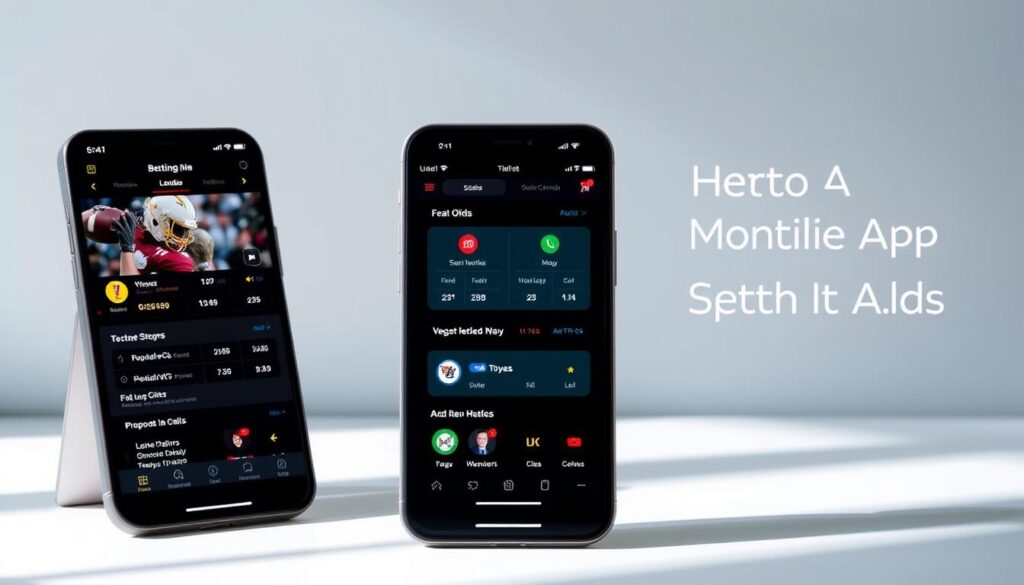 A sleek, modern mobile interface showcasing the side-by-side comparison of top sportsbook betting apps. The foreground features three smartphones arranged at a slight angle, their screens displaying the apps' key features, odds, and user ratings. The middle ground has a subtle gradient background, hinting at sports-themed visuals. Lighting is soft and natural, creating a clean, professional atmosphere. The overall composition emphasizes the apps' functionality, user-friendliness, and ability to provide a seamless mobile sports betting experience. A sleek, modern mobile interface showcasing the side-by-side comparison of top sportsbook betting apps. The foreground features three smartphones arranged at a slight angle, their screens displaying the apps' key features, odds, and user ratings. The middle ground has a subtle gradient background, hinting at sports-themed visuals. Lighting is soft and natural, creating a clean, professional atmosphere. The overall composition emphasizes the apps' functionality, user-friendliness, and ability to provide a seamless mobile sports betting experience.