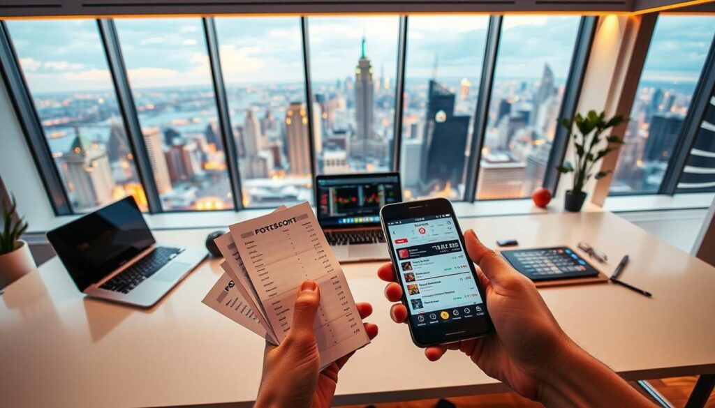 A sleek, modern sports betting scene. In the foreground, a hand holding sports betting slips and a smartphone displaying betting apps. The middle ground features a clean, minimalist desk with a laptop, calculator, and sports memorabilia. The background showcases a large, panoramic window overlooking a bustling city skyline, bathed in warm, golden lighting. The overall atmosphere conveys a sense of strategy, analysis, and the thrill of sports betting, without distracting elements. The image aims to visually represent the "Staking Strategies & Examples" section of the article on bankroll management for beginner sports bettors. A sleek, modern sports betting scene. In the foreground, a hand holding sports betting slips and a smartphone displaying betting apps. The middle ground features a clean, minimalist desk with a laptop, calculator, and sports memorabilia. The background showcases a large, panoramic window overlooking a bustling city skyline, bathed in warm, golden lighting. The overall atmosphere conveys a sense of strategy, analysis, and the thrill of sports betting, without distracting elements. The image aims to visually represent the "Staking Strategies & Examples" section of the article on bankroll management for beginner sports bettors.