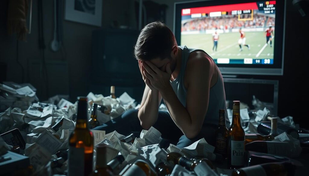 A somber figure, shoulders hunched, face in hands, sits amidst a tangle of crumpled betting slips and empty liquor bottles. The room is dimly lit, shadows casting a melancholic pall. In the background, a flickering TV screen displays a game in progress, a constant reminder of the losses that weigh heavily. The atmosphere is one of despair, regret, and the emotional toll of the dangers inherent in live betting. A somber figure, shoulders hunched, face in hands, sits amidst a tangle of crumpled betting slips and empty liquor bottles. The room is dimly lit, shadows casting a melancholic pall. In the background, a flickering TV screen displays a game in progress, a constant reminder of the losses that weigh heavily. The atmosphere is one of despair, regret, and the emotional toll of the dangers inherent in live betting.