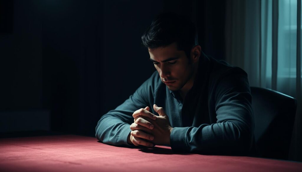 A somber figure sitting at a dimly lit table, hands clenched in anxious contemplation. The room is shrouded in a melancholic atmosphere, accentuated by muted tones and a sense of isolation. The subject's facial expression conveys a mix of apprehension and longing, reflecting the emotional turmoil of the betting experience. Soft, directional lighting casts dramatic shadows, emphasizing the gravity of the moment. The background is intentionally blurred, keeping the focus on the central figure and their internal struggle with the decision to place a bet on their favorite team.
