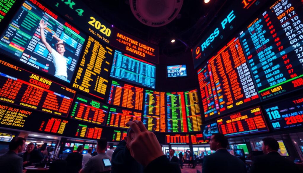 A sports arena flooded with neon lights, multi-colored odds boards showcasing a diverse array of sporting events - from football and basketball to horse racing and golf. In the foreground, a bettor contemplates their wagers, fingers tracing the columns of numbers, strategizing their next move. The atmosphere is electric, charged with the thrill of risk and the pursuit of profit. Shadows cast by the bright displays create a moody, cinematic ambiance, emphasizing the high-stakes nature of multi-sport betting. Wide-angle lens captures the scale and complexity of this cross-disciplinary gambling ecosystem, a visual representation of the "Multi-Sport Betting (Combining Bets)" experience. A sports arena flooded with neon lights, multi-colored odds boards showcasing a diverse array of sporting events - from football and basketball to horse racing and golf. In the foreground, a bettor contemplates their wagers, fingers tracing the columns of numbers, strategizing their next move. The atmosphere is electric, charged with the thrill of risk and the pursuit of profit. Shadows cast by the bright displays create a moody, cinematic ambiance, emphasizing the high-stakes nature of multi-sport betting. Wide-angle lens captures the scale and complexity of this cross-disciplinary gambling ecosystem, a visual representation of the "Multi-Sport Betting (Combining Bets)" experience.