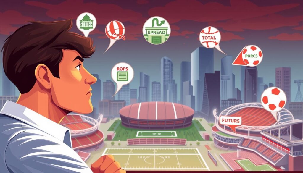 A stylized, realistic illustration showcasing various sports betting types. In the foreground, a sports bettor contemplates betting options - moneyline, spread, total, props, and futures - each represented by iconic symbols floating around them. In the middle ground, sports stadiums and arenas for football, basketball, baseball, and soccer set the context. The background depicts a vibrant cityscape with skyscrapers, reflecting the high-energy, data-driven nature of modern sports betting. Warm lighting, a cinematic camera angle, and a focus on the bettor's thoughtful expression convey the deliberation required to navigate the complexities of sports wagering.