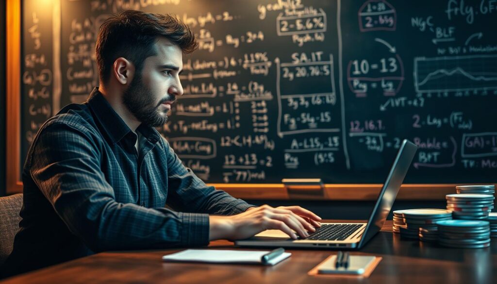 A thoughtful gambler sits at a table, carefully studying betting odds and strategies displayed on a laptop. The scene is illuminated by a warm, focused light, casting subtle shadows and highlighting the intensity of the moment. In the background, a chalkboard filled with complex mathematical formulas and statistical analyses reflects the analytical nature of the subject. The atmosphere is one of calculated risk, with a sense of tension and focus pervading the space. The composition emphasizes the importance of bankroll management and strategic decision-making in the dynamic world of live betting. A thoughtful gambler sits at a table, carefully studying betting odds and strategies displayed on a laptop. The scene is illuminated by a warm, focused light, casting subtle shadows and highlighting the intensity of the moment. In the background, a chalkboard filled with complex mathematical formulas and statistical analyses reflects the analytical nature of the subject. The atmosphere is one of calculated risk, with a sense of tension and focus pervading the space. The composition emphasizes the importance of bankroll management and strategic decision-making in the dynamic world of live betting.