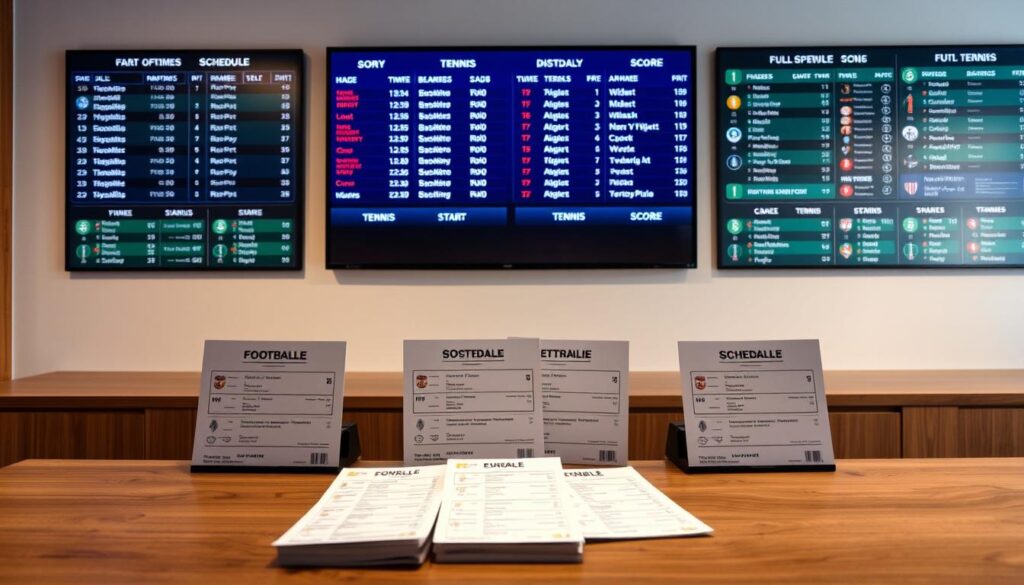 A vibrant sports betting schedule board in a modern office setting. In the foreground, a wooden table displays neatly arranged betting slips for football, basketball, and tennis matches, with clear start times and odds. The middle ground features a large digital display showing upcoming game times and scores, bathed in a soft, ambient light. In the background, a wall-mounted board showcases the full weekly schedules for each sport, with team logos and match details. The overall atmosphere conveys a sense of organized efficiency, inviting the viewer to navigate the complex world of multi-sport wagering. A vibrant sports betting schedule board in a modern office setting. In the foreground, a wooden table displays neatly arranged betting slips for football, basketball, and tennis matches, with clear start times and odds. The middle ground features a large digital display showing upcoming game times and scores, bathed in a soft, ambient light. In the background, a wall-mounted board showcases the full weekly schedules for each sport, with team logos and match details. The overall atmosphere conveys a sense of organized efficiency, inviting the viewer to navigate the complex world of multi-sport wagering.