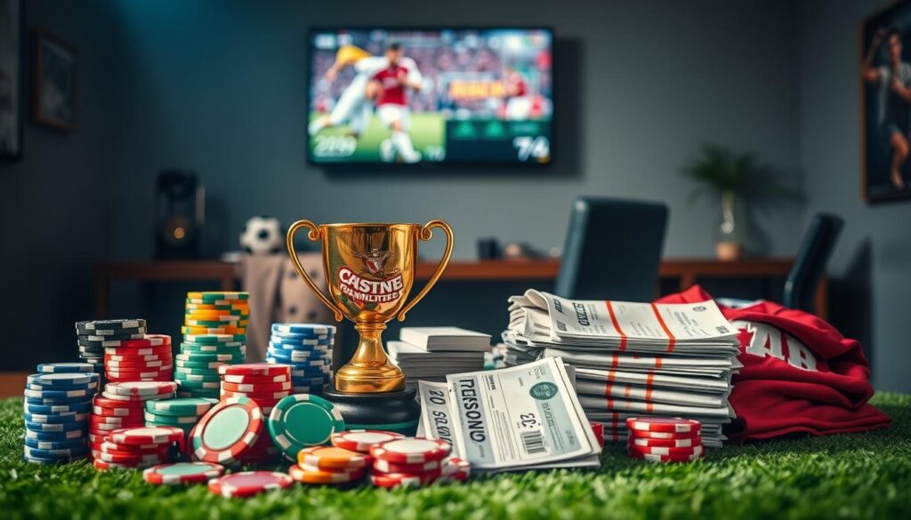 A visually striking still life composition showcasing an assortment of sports betting promotional items. In the foreground, a collection of colorful casino chips, betting slips, and a sports trophy symbolize the thrill of wagering. The middle ground features stacks of bonus cash, free bet vouchers, and a sports-themed t-shirt, hinting at the various promotions available to bettors. In the background, a blurred bookmaker's desk and a wall-mounted TV screen displaying live sports coverage set the scene. Dramatic lighting casts dramatic shadows, creating a sense of energy and anticipation. Shot with a shallow depth of field using a professional-grade camera lens to draw the viewer's eye towards the central elements.