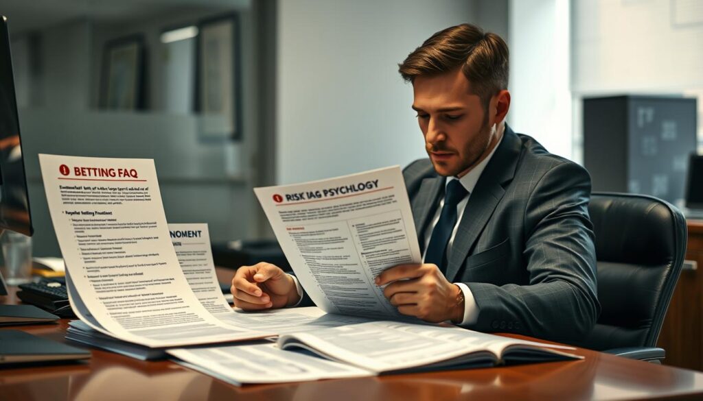 A well-lit office desk with neatly organized betting FAQs documents, including sections on emotional betting, risk management, and betting psychology. A focused businessman in a suit sits at the desk, studying the materials intently. The scene conveys a sense of diligence, professionalism, and a desire to learn the fundamentals of responsible betting. Soft, directional lighting illuminates the desk, creating depth and highlighting the important details. The background is blurred, keeping the viewer's attention on the central subject matter. A well-lit office desk with neatly organized betting FAQs documents, including sections on emotional betting, risk management, and betting psychology. A focused businessman in a suit sits at the desk, studying the materials intently. The scene conveys a sense of diligence, professionalism, and a desire to learn the fundamentals of responsible betting. Soft, directional lighting illuminates the desk, creating depth and highlighting the important details. The background is blurred, keeping the viewer's attention on the central subject matter.