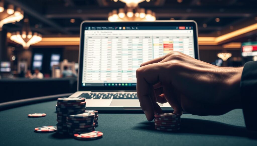 A well-lit scene of a person carefully managing their gambling budget. In the foreground, a hand carefully stacks and organizes casino chips, conveying a sense of responsible financial control. In the middle ground, a laptop or tablet displays a spreadsheet tracking gambling expenditures, with charts and graphs illustrating disciplined bankroll management. The background features a subdued, minimalist casino environment, devoid of flashy distractions, emphasizing the importance of maintaining focus and restraint. The overall mood is one of thoughtful, methodical decision-making, highlighting the key principles of responsible gambling. A well-lit scene of a person carefully managing their gambling budget. In the foreground, a hand carefully stacks and organizes casino chips, conveying a sense of responsible financial control. In the middle ground, a laptop or tablet displays a spreadsheet tracking gambling expenditures, with charts and graphs illustrating disciplined bankroll management. The background features a subdued, minimalist casino environment, devoid of flashy distractions, emphasizing the importance of maintaining focus and restraint. The overall mood is one of thoughtful, methodical decision-making, highlighting the key principles of responsible gambling.