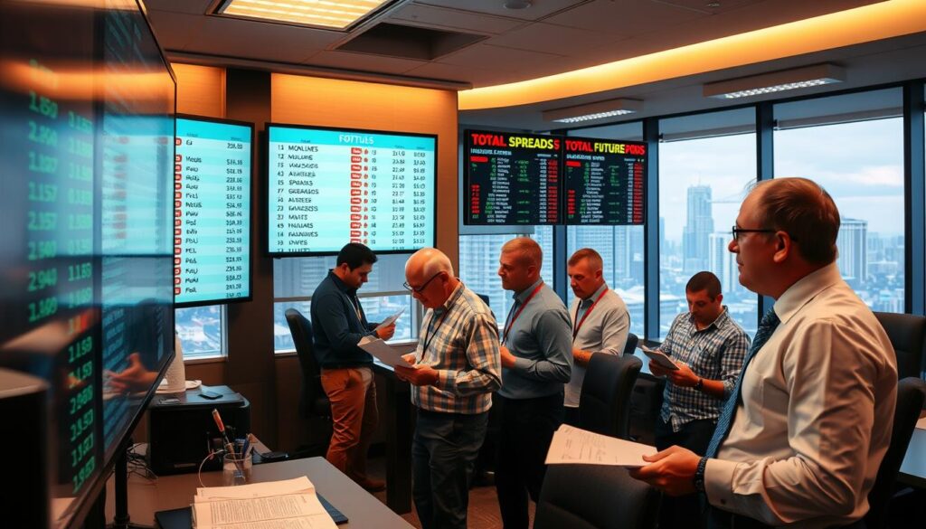 A well-lit sports betting office, with bettors examining odds boards and discussing various bet types. In the foreground, a sports analyst in a crisp button-down shirt and tie, gesturing towards a touchscreen display showcasing different bet options for popular sports - moneylines, spreads, totals, props, and futures. In the middle ground, bettors in casual attire pore over betting slips, deep in conversation. The background depicts a panoramic view of the city skyline, conveying a sense of the broader sports and betting landscape. The scene is bathed in a warm, inviting glow, reflecting the expertise and strategic decision-making involved in understanding and utilizing diverse bet types across different sports. A well-lit sports betting office, with bettors examining odds boards and discussing various bet types. In the foreground, a sports analyst in a crisp button-down shirt and tie, gesturing towards a touchscreen display showcasing different bet options for popular sports - moneylines, spreads, totals, props, and futures. In the middle ground, bettors in casual attire pore over betting slips, deep in conversation. The background depicts a panoramic view of the city skyline, conveying a sense of the broader sports and betting landscape. The scene is bathed in a warm, inviting glow, reflecting the expertise and strategic decision-making involved in understanding and utilizing diverse bet types across different sports.