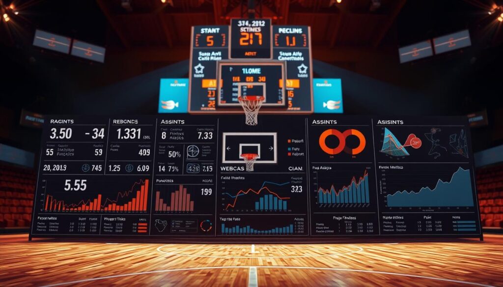 A basketball court with a scoreboard in the background, displaying basketball statistics and analytics. The foreground features a detailed analysis of points, rebounds, assists, and other key metrics, visualized through sleek infographics and data visualizations. The scene is illuminated by warm, dramatic lighting, creating a sense of intensity and focus. The composition emphasizes the technical and analytical aspects of the sport, with a clean, modern aesthetic. The overall mood conveys the depth and complexity of basketball strategy and performance tracking.
