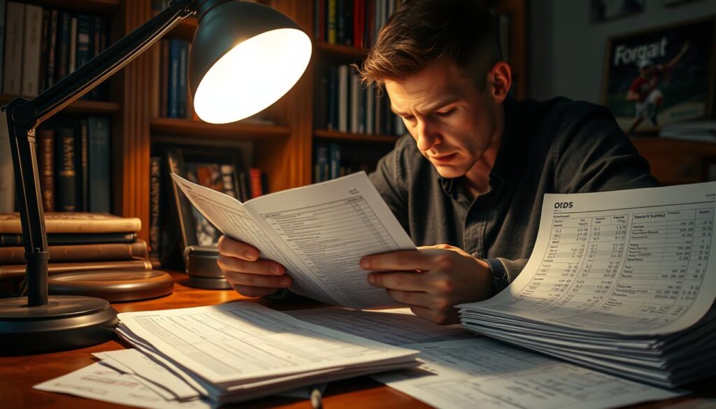 A cozy study scene with a person intently reading from a stack of odds sheets, their face illuminated by the warm glow of a desk lamp. The sheets are scattered across the wooden desktop, some scribbled with notes and calculations. In the background, a bookshelf filled with reference materials and a framed photograph of a sporting event. The overall mood is one of focused concentration, as the reader delves deep into the data, seeking insights to inform strategic betting decisions.