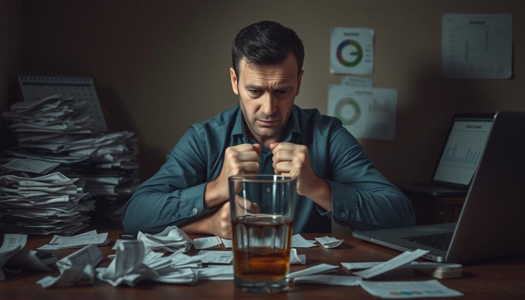 A man sits at a desk, his face etched with worry and tension. Surrounding him, stacks of betting slips, crumpled and discarded, symbolize the weight of his woes. The room is dimly lit, casting an ominous shadow over the scene, heightening the sense of unease. In the foreground, a glass of untouched liquor stands as a temptation, a potential coping mechanism. The man's hands are clenched, knuckles white, as he struggles to maintain composure. Subtle details, such as a tattered calendar and a laptop displaying complex charts, convey the overwhelming nature of his betting-related stress. The overall atmosphere is one of anxiety, desperation, and a need for a healthy approach to managing the emotional turmoil of high-stakes gambling.