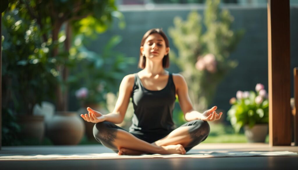A serene, contemplative setting. In the foreground, a person sits cross-legged, eyes closed, hands resting calmly in their lap. Soft, natural lighting filters in, creating a warm, meditative atmosphere. The background is blurred, hinting at a tranquil outdoor space - perhaps a garden, or a quiet corner of a retreat. The overall mood conveys a sense of mindfulness, balance, and the importance of taking a thoughtful pause in the midst of intense betting activities.
