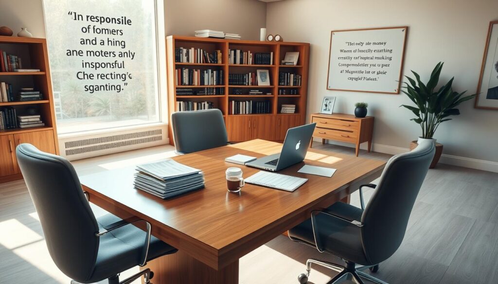 A serene, well-lit office setting with a large, wooden desk and comfortable chairs. On the desk, a laptop, a cup of coffee, and a stack of financial documents, signifying responsible money management. In the background, a bookshelf filled with self-help and financial planning books. The walls are adorned with inspirational quotes and artwork, creating a calming, professional atmosphere. Soft, natural lighting filters in through large windows, casting a warm glow over the scene. The overall mood is one of focus, tranquility, and a commitment to making informed, responsible decisions.