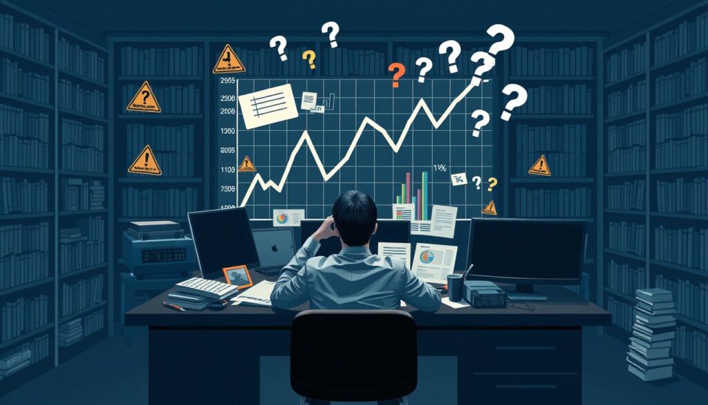 A conceptual illustration depicting the pitfalls of overfitting in historical trends analysis. In the foreground, a confused analyst sits at a desk cluttered with charts, graphs, and sports betting data, wearing professional business attire. The middle ground features a large, dynamic graph with exaggerated peaks and valleys, symbolizing overfitting, surrounded by warning signs and question marks. In the background, dimly lit bookshelves filled with sports analytics literature create a scholarly atmosphere. Soft, dramatic lighting casts long shadows, emphasizing the tension and confusion in the scene. The color palette should encompass deep blues and grays to enhance the mood of seriousness and caution, inviting viewers to reflect on the complexities of historical data analysis in sports betting. A conceptual illustration depicting the pitfalls of overfitting in historical trends analysis. In the foreground, a confused analyst sits at a desk cluttered with charts, graphs, and sports betting data, wearing professional business attire. The middle ground features a large, dynamic graph with exaggerated peaks and valleys, symbolizing overfitting, surrounded by warning signs and question marks. In the background, dimly lit bookshelves filled with sports analytics literature create a scholarly atmosphere. Soft, dramatic lighting casts long shadows, emphasizing the tension and confusion in the scene. The color palette should encompass deep blues and grays to enhance the mood of seriousness and caution, inviting viewers to reflect on the complexities of historical data analysis in sports betting.