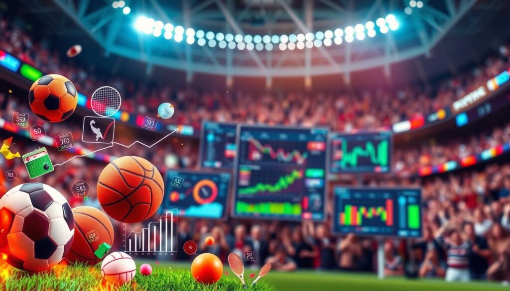 A dynamic digital collage representing data-driven betting patterns in sports. In the foreground, feature an array of football, basketball, and tennis icons, with vibrant visual elements like graphs and statistical charts illustrating betting patterns. The middle ground includes a stylized depiction of sports analytics software displayed on screens, with numbers, trends, and odds flowing. In the background, a blurred image of a cheering sports crowd, creating an energetic atmosphere. Use bright, vivid colors for excitement, with smart lighting highlighting the screens. The angle should capture depth, creating a sense of immersion. The overall mood is analytical yet engaging, suggesting a fusion of sports passion and data intelligence. A dynamic digital collage representing data-driven betting patterns in sports. In the foreground, feature an array of football, basketball, and tennis icons, with vibrant visual elements like graphs and statistical charts illustrating betting patterns. The middle ground includes a stylized depiction of sports analytics software displayed on screens, with numbers, trends, and odds flowing. In the background, a blurred image of a cheering sports crowd, creating an energetic atmosphere. Use bright, vivid colors for excitement, with smart lighting highlighting the screens. The angle should capture depth, creating a sense of immersion. The overall mood is analytical yet engaging, suggesting a fusion of sports passion and data intelligence.
