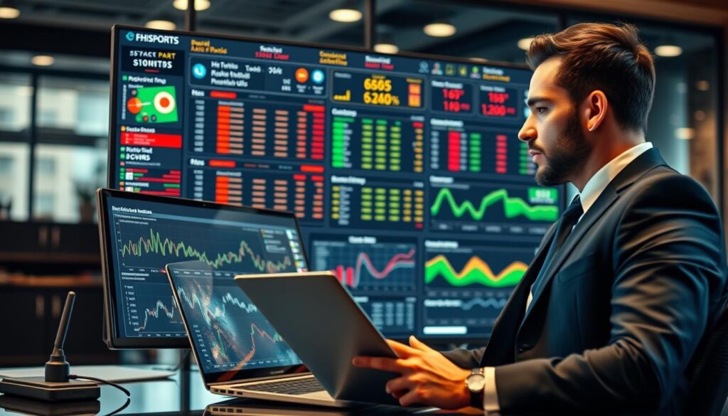 A dynamic sports database scene, featuring a sleek computer interface displaying graphs, charts, and statistics for multiple sports such as football, basketball, and tennis. In the foreground, a professional in business attire analyzes data on a laptop, with a focused expression. The middle layer shows a large screen displaying colorful visuals of historical game data and betting odds. The background features a modern office with subtle lighting, accentuating a high-tech atmosphere. Use warm, inviting colors to create a sense of excitement and professionalism. The composition should have a slightly angled perspective to give depth, emphasizing the importance of data in sports betting strategies. A dynamic sports database scene, featuring a sleek computer interface displaying graphs, charts, and statistics for multiple sports such as football, basketball, and tennis. In the foreground, a professional in business attire analyzes data on a laptop, with a focused expression. The middle layer shows a large screen displaying colorful visuals of historical game data and betting odds. The background features a modern office with subtle lighting, accentuating a high-tech atmosphere. Use warm, inviting colors to create a sense of excitement and professionalism. The composition should have a slightly angled perspective to give depth, emphasizing the importance of data in sports betting strategies.