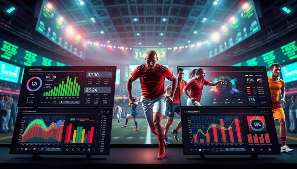 A high-tech, visually striking comparison of advanced betting metrics featuring graphical representations of different sports teams and athletes. In the foreground, sleek, modern digital dashboards show intricate statistics like player efficiency ratings, win probabilities, and comparative analytics, presented in vibrant colors. The middle ground showcases diverse athletes in action, dressed in professional sports attire, dynamically illustrated to convey movement and competition. The background consists of an abstract, futuristic sports arena infused with digital screens displaying fluctuating metrics. Utilize dramatic lighting that highlights the dashboards while casting soft shadows, creating a sense of depth and sophistication. The overall mood should be analytical yet exciting, reflecting the cutting-edge nature of modern sports wagering insights. A high-tech, visually striking comparison of advanced betting metrics featuring graphical representations of different sports teams and athletes. In the foreground, sleek, modern digital dashboards show intricate statistics like player efficiency ratings, win probabilities, and comparative analytics, presented in vibrant colors. The middle ground showcases diverse athletes in action, dressed in professional sports attire, dynamically illustrated to convey movement and competition. The background consists of an abstract, futuristic sports arena infused with digital screens displaying fluctuating metrics. Utilize dramatic lighting that highlights the dashboards while casting soft shadows, creating a sense of depth and sophistication. The overall mood should be analytical yet exciting, reflecting the cutting-edge nature of modern sports wagering insights.