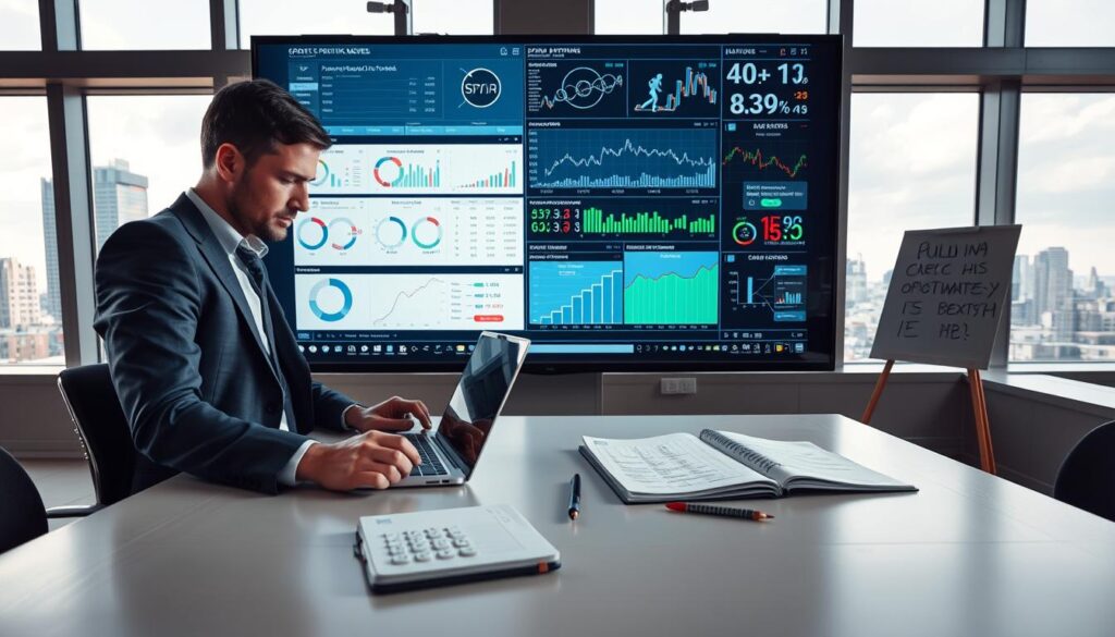 A modern and sleek workspace designed for sports analytics, featuring a large digital screen displaying complex predictive models, graphs, and statistical data. In the foreground, a focused professional in smart casual attire analyzes data on a laptop, with a notepad filled with calculations next to them. The middle ground showcases a whiteboard filled with sports statistics and strategy notes, emphasizing a research environment. In the background, large windows reveal a cityscape, allowing natural light to illuminate the room, creating an inspiring atmosphere. The image conveys a sense of determination and intellect, ideal for capturing the essence of building a predictive model in sports betting, with a focus on analytical thinking and strategy. A modern and sleek workspace designed for sports analytics, featuring a large digital screen displaying complex predictive models, graphs, and statistical data. In the foreground, a focused professional in smart casual attire analyzes data on a laptop, with a notepad filled with calculations next to them. The middle ground showcases a whiteboard filled with sports statistics and strategy notes, emphasizing a research environment. In the background, large windows reveal a cityscape, allowing natural light to illuminate the room, creating an inspiring atmosphere. The image conveys a sense of determination and intellect, ideal for capturing the essence of building a predictive model in sports betting, with a focus on analytical thinking and strategy.
