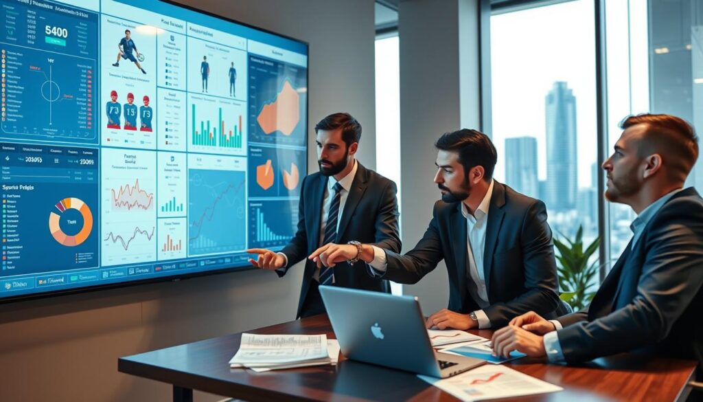 A modern office environment featuring a wall-mounted digital screen displaying intricate graphs and charts analyzing team and player data for football, basketball, and tennis. In the foreground, a diverse group of three professionals in business attire—two men and one woman—are engaged in a discussion, pointing at the screen, with a laptop and sports analytics reports on the table. The background reveals a large window with cityscape views, creating a blend of natural light and soft artificial lighting that adds warmth. The atmosphere is focused and energetic, showcasing collaboration and deep analysis. The composition captures the essence of leveraging data for strategic decision-making in sports betting. A modern office environment featuring a wall-mounted digital screen displaying intricate graphs and charts analyzing team and player data for football, basketball, and tennis. In the foreground, a diverse group of three professionals in business attire—two men and one woman—are engaged in a discussion, pointing at the screen, with a laptop and sports analytics reports on the table. The background reveals a large window with cityscape views, creating a blend of natural light and soft artificial lighting that adds warmth. The atmosphere is focused and energetic, showcasing collaboration and deep analysis. The composition captures the essence of leveraging data for strategic decision-making in sports betting.