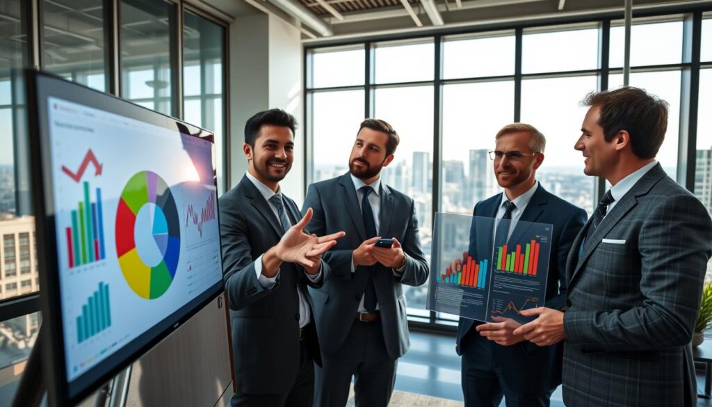 A modern office space, bustling with energy, where a diverse group of three professionals—two men and one woman—all dressed in smart business attire, are intently analyzing colorful sports charts displayed on a sleek digital screen. In the foreground, focus on a close-up of a female analyst gesturing to a vibrant pie chart, highlighting key statistics. The middle ground features male colleagues discussing various line graphs and bar charts, showcasing their increasing enthusiasm. The background shows a floor-to-ceiling window revealing a cityscape under bright daylight, casting soft light that creates a motivating ambiance. The mood is collaborative and focused, with an emphasis on innovation in sports data visualization. The composition highlights modern technology and teamwork, fostering an environment of learning and strategic thinking in data interpretation.