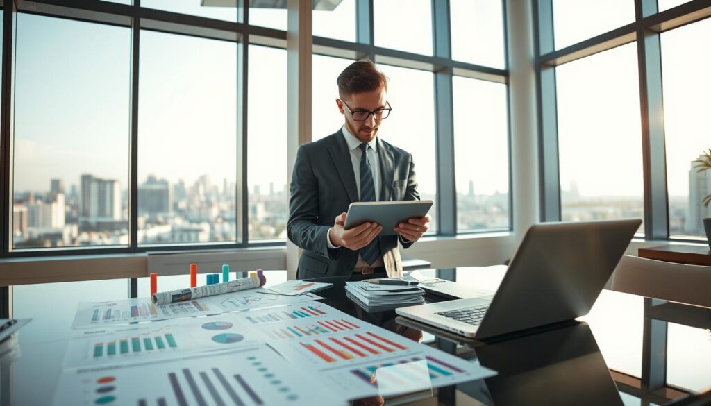 A modern, professional workspace focused on sports statistics. In the foreground, a sleek glass table displays a variety of colorful sports data tables and graphs, elaborating on performance metrics for different sports. In the middle, a well-dressed sports analyst, in a sharp suit, intently analyzes the data on a tablet, surrounded by scattered notes and a laptop showing a digital dashboard. In the background, large windows allow soft natural light to filter in, creating a bright and inspiring atmosphere. The scene conveys a sense of focus and professionalism, emphasizing the importance of data interpretation for informed decision-making, with an urban skyline visible through the windows. The lens captures the scene from a slightly elevated angle, highlighting the depth of the workspace.