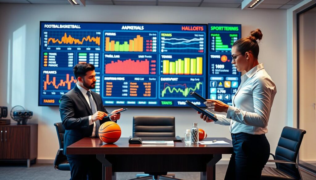 A professional, modern office space is the backdrop, featuring a large screen displaying vibrant graphs and statistics related to sports betting for football, basketball, and tennis. In the foreground, two business professionals in smart attire—one male and one female—are analyzing data on digital tablets and pointing at the charts. The middle ground highlights a stylish desk adorned with sports memorabilia, like a basketball and a football, adding a sports touch. The atmosphere is focused and collaborative, with warm office lighting that casts a soft glow on the scene. The camera angle is slightly elevated, emphasizing the interaction between the professionals and the display of statistics, conveying a sense of insightful analysis and informed decision-making in sports betting.