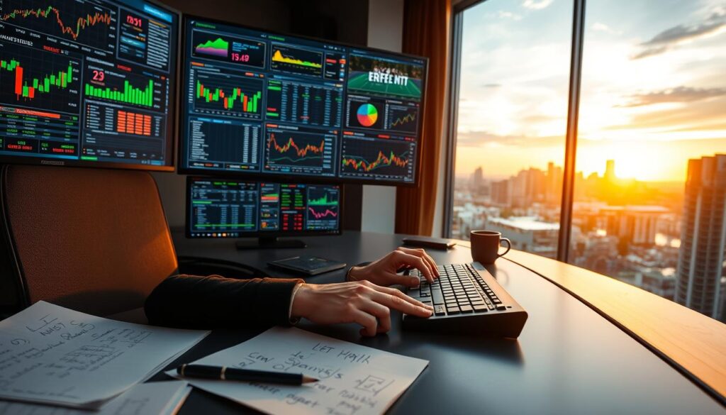 A professional sports bettor sitting at a sleek, ultra-modern desk, intensely analyzing data on multiple screens filled with graphs, betting odds, and sports analytics. The foreground features a close-up of the bettor's hands typing on a keyboard, surrounded by notepads filled with handwritten notes and a coffee cup. The middle ground showcases the large monitors, displaying colorful charts and sports highlights, indicating serious analysis in progress. In the background, a window reveals a city skyline at sunset, casting a warm golden light into the room, creating a focused yet relaxed atmosphere. The overall mood is one of concentration and expertise in sports betting analysis, emphasizing professionalism and a high-tech environment. The scene is well-lit with ambient lighting that highlights the active workspace without distractions.