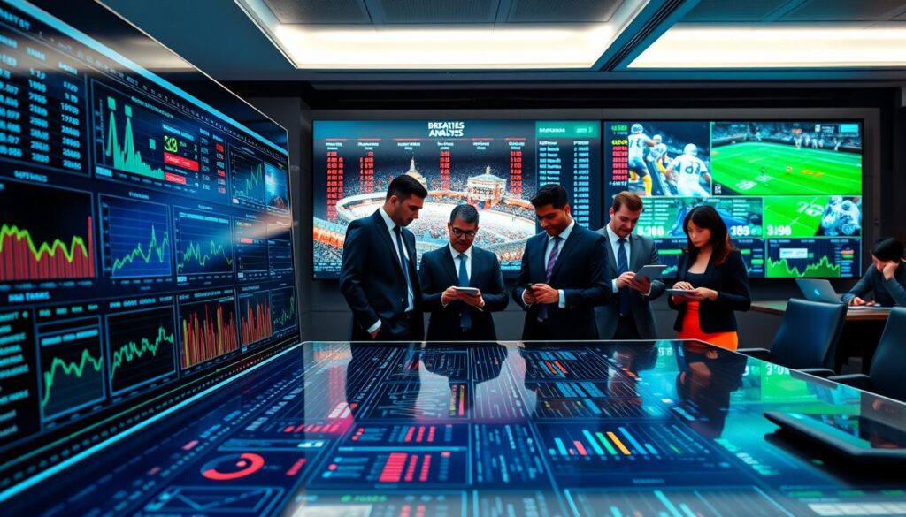 A sleek, modern betting framework displayed in a high-tech office environment. In the foreground, an intricate digital dashboard shows real-time statistics, graphs, and algorithms related to advanced sports betting analysis. In the middle ground, a diverse group of professional analysts, dressed in business attire, are in deep discussion, examining data on tablets and laptops. The background features large screens with live sports match footage and betting odds illuminated in soft blue and green lighting, creating a futuristic ambiance. The setting is well-lit with diffused lighting that evokes a sense of focus and professionalism. The atmosphere is dynamic and energetic, symbolizing the cutting-edge nature of advanced edge-finding techniques in sports betting analysis.