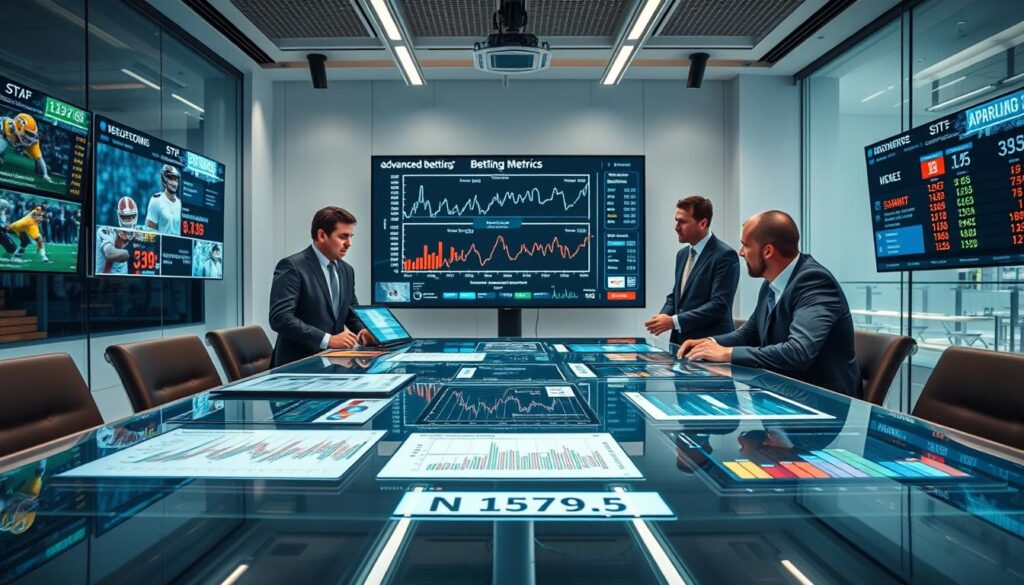 A sleek modern office space serves as the setting, with a large glass table in the foreground displaying various advanced betting metrics on digital tablets and charts. In the middle, a projection screen shows intricate data visualizations, including graphs and statistical models related to multi-sport betting. Several professionals, dressed in business attire, are engaging in a discussion, analyzing the data intently. The background features wall-mounted screens displaying live sports feeds and numbers in a vibrant, high-tech environment. The lighting is bright but soft, with a focus on the table and the faces of the professionals, creating an atmosphere of innovation and collaboration in sports analytics. Utilize a slight low-angle lens to emphasize the importance of the data being analyzed. A sleek modern office space serves as the setting, with a large glass table in the foreground displaying various advanced betting metrics on digital tablets and charts. In the middle, a projection screen shows intricate data visualizations, including graphs and statistical models related to multi-sport betting. Several professionals, dressed in business attire, are engaging in a discussion, analyzing the data intently. The background features wall-mounted screens displaying live sports feeds and numbers in a vibrant, high-tech environment. The lighting is bright but soft, with a focus on the table and the faces of the professionals, creating an atmosphere of innovation and collaboration in sports analytics. Utilize a slight low-angle lens to emphasize the importance of the data being analyzed.