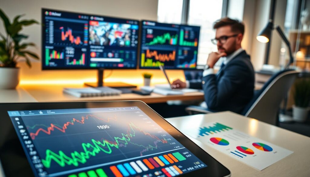 A sophisticated data visualization scene focused on betting graphs analysis. In the foreground, a digital tablet displays intricate line and pie graphs, showcasing fluctuating statistics and betting trends in vibrant colors like green, blue, and red. In the middle ground, a focus on a sleek office workspace with a professional in business attire, analyzing data with a thoughtful expression, seated at a modern desk cluttered with notebooks and a laptop. The background features a large monitor displaying a dynamic sports dashboard filled with various colorful charts and figures. Soft, natural lighting filters in from a nearby window, casting an inviting glow over the scene, creating a focused and analytical atmosphere as the viewer engages with the art of data visualization for bettors.