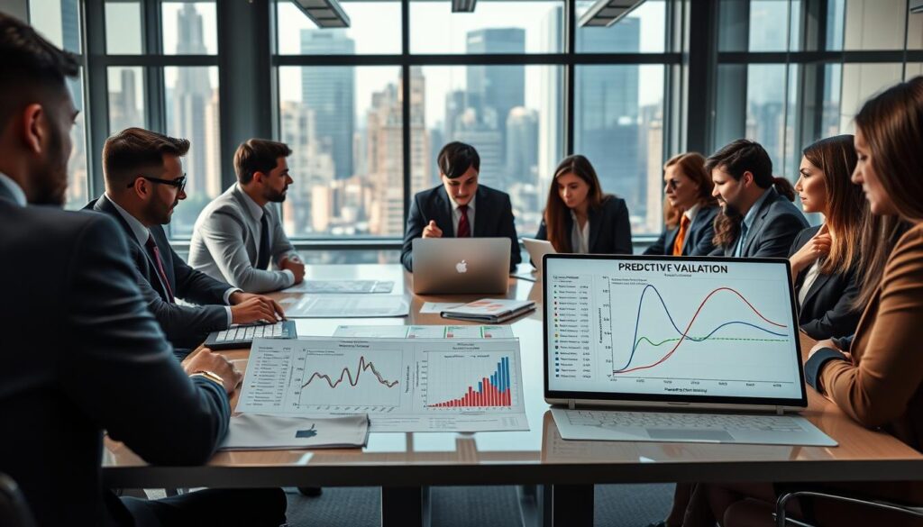 A sophisticated office environment showcasing a team of diverse professionals, dressed in business attire, gathered around a sleek conference table filled with charts, graphs, and laptops displaying complex predictive models. In the foreground, a close-up of a computer screen illustrates statistical validation metrics, like confusion matrices and ROC curves. In the middle, the team is engaged in a focused discussion, analyzing the data passionately. The background features a large window with city views, allowing natural light to fill the room and enhance the analytical atmosphere. The overall mood is collaborative and intense, emphasizing the importance of model validation in predictive analytics for sports betting. Use a wide-angle lens to capture the dynamic interactions and vibrant energy in the scene. A sophisticated office environment showcasing a team of diverse professionals, dressed in business attire, gathered around a sleek conference table filled with charts, graphs, and laptops displaying complex predictive models. In the foreground, a close-up of a computer screen illustrates statistical validation metrics, like confusion matrices and ROC curves. In the middle, the team is engaged in a focused discussion, analyzing the data passionately. The background features a large window with city views, allowing natural light to fill the room and enhance the analytical atmosphere. The overall mood is collaborative and intense, emphasizing the importance of model validation in predictive analytics for sports betting. Use a wide-angle lens to capture the dynamic interactions and vibrant energy in the scene.