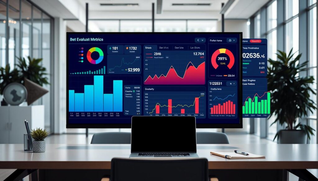 A detailed dashboard displaying bet evaluation metrics, featuring various graphs, charts, and numerical indicators. The foreground showcases a large screen with colorful pie charts and line graphs indicating performance stats like win rates, ROI, and strike rates. In the middle ground, a professional setting with a sleek desk and office equipment, including a laptop and notes, adds context. The background includes a modern office environment with large windows, allowing natural light to illuminate the space, creating a bright and analytical atmosphere. The mood is focused and data-driven, emphasizing the importance of metrics in betting performance evaluation. The scene should be free of any text, maintaining a clean, professional aesthetic.