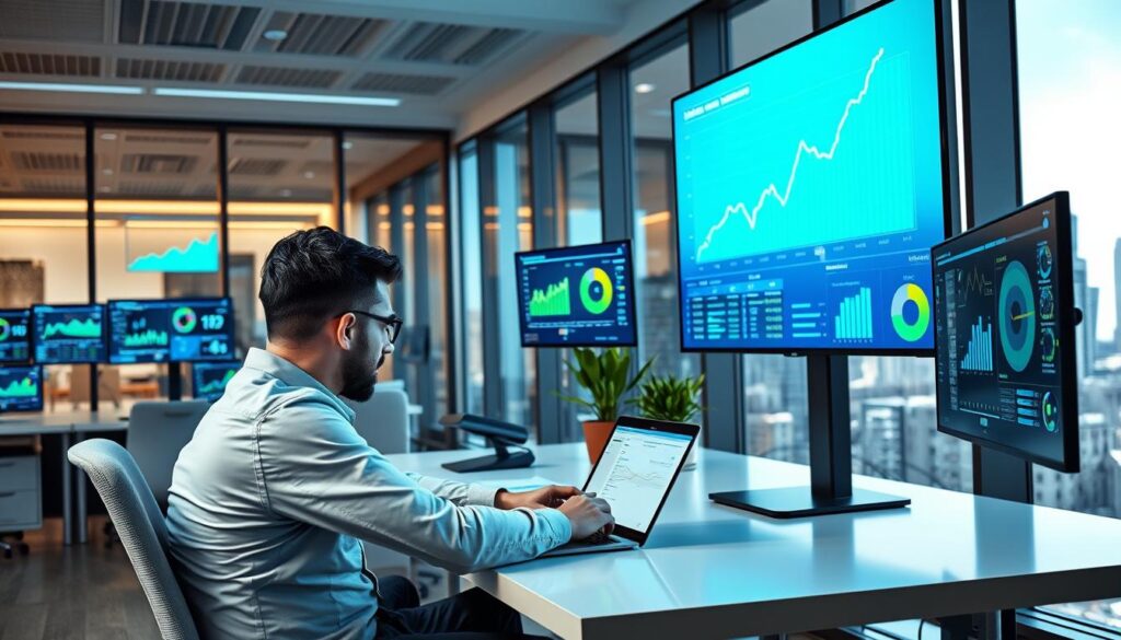 A modern, high-tech office space filled with multiple screens displaying colorful betting performance data visualizations such as graphs, pie charts, and analytical dashboards. In the foreground, a professional male analyst in business attire, deeply focused on interpreting the data, sitting at a sleek desk with a laptop open. The middle ground shows a large digital screen on the wall showcasing an upward trend graph, with vibrant blue and green colors illuminating the scene. The background features a city skyline visible through large windows, creating a dynamic, innovative atmosphere. The lighting is bright and clear, giving a sense of clarity and productivity, while a small potted plant adds a touch of warmth to the workspace. The overall mood is one of analysis, focus, and forward-thinking success in sports betting analytics.
