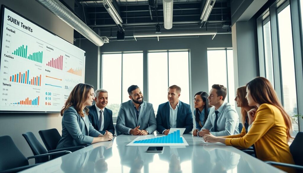 A modern office environment with a large digital screen displaying analytical charts and statistics related to football, basketball, and tennis. In the foreground, a diverse team of professionals, dressed in smart business attire, gathers around a sleek conference table, discussing insights derived from cross-sport analytics. Their expressions reflect focus and collaboration, with one person pointing at a graph that illustrates key predictive insights. In the middle ground, tall windows let in bright natural light, creating an open and dynamic atmosphere. The background features sports memorabilia from football, basketball, and tennis, emphasizing the connection between the sports. The overall mood is one of innovation and strategic thinking, captured with a wide-angle lens for an immersive view. A modern office environment with a large digital screen displaying analytical charts and statistics related to football, basketball, and tennis. In the foreground, a diverse team of professionals, dressed in smart business attire, gathers around a sleek conference table, discussing insights derived from cross-sport analytics. Their expressions reflect focus and collaboration, with one person pointing at a graph that illustrates key predictive insights. In the middle ground, tall windows let in bright natural light, creating an open and dynamic atmosphere. The background features sports memorabilia from football, basketball, and tennis, emphasizing the connection between the sports. The overall mood is one of innovation and strategic thinking, captured with a wide-angle lens for an immersive view.