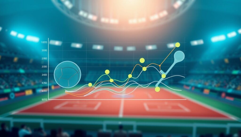 A visually striking illustration of cross-sport betting patterns, emphasizing connections between football, basketball, and tennis. In the foreground, an elegant, minimalist chart overlays intricately designed symbols of each sport—footballs, basketballs, and tennis balls—merged in an abstract fashion. The middle layer showcases dynamic lines and graphs, alluding to betting odds and trends, flowing together in a harmonious blend of colors that suggest analytical insights. The background features a blurred sports stadium scene, evoking excitement and energy, with ambient lighting highlighting the charts. A cool color palette of blues and greens creates a calm yet focused atmosphere, ideal for analytical thought. The entire composition should convey professionalism and depth, reflecting a data-driven approach to understanding sports betting. A visually striking illustration of cross-sport betting patterns, emphasizing connections between football, basketball, and tennis. In the foreground, an elegant, minimalist chart overlays intricately designed symbols of each sport—footballs, basketballs, and tennis balls—merged in an abstract fashion. The middle layer showcases dynamic lines and graphs, alluding to betting odds and trends, flowing together in a harmonious blend of colors that suggest analytical insights. The background features a blurred sports stadium scene, evoking excitement and energy, with ambient lighting highlighting the charts. A cool color palette of blues and greens creates a calm yet focused atmosphere, ideal for analytical thought. The entire composition should convey professionalism and depth, reflecting a data-driven approach to understanding sports betting.