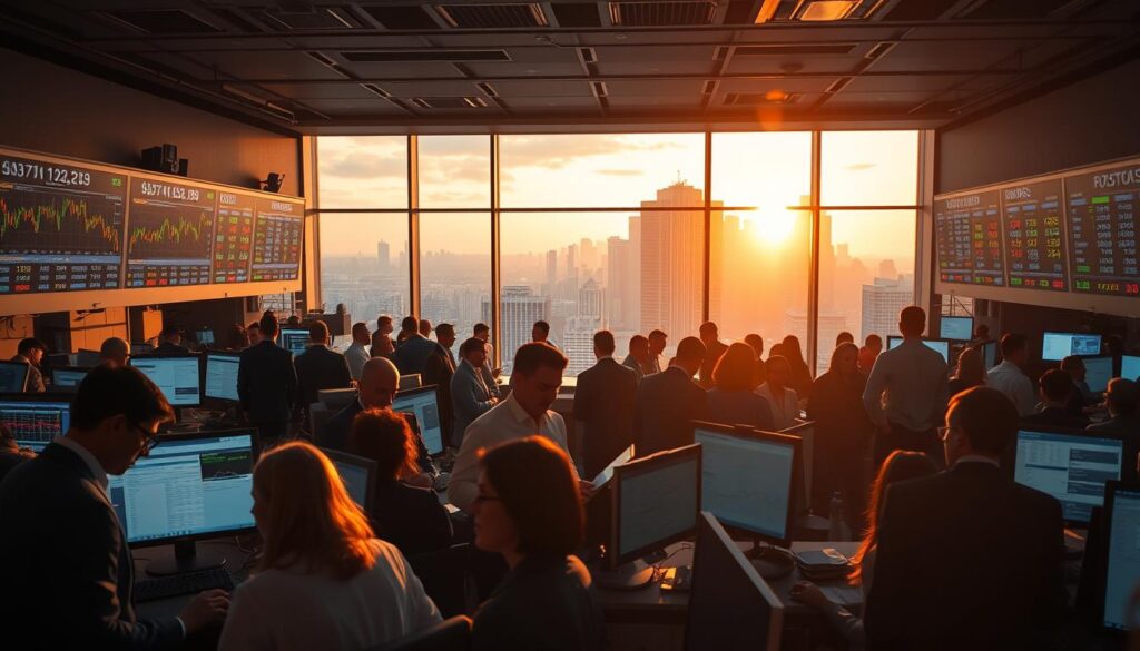A bustling financial market scene set in a modern trading floor. In the foreground, a diverse group of professionals in business attire are intently analyzing data on multiple screens displaying fluctuating graphs and numbers. The middle-ground showcases a large digital ticker with prices changing rapidly, symbolizing market efficiency and price discovery, while traders engage in discussion and collaboration. In the background, large windows reveal a vibrant city skyline under warm, golden hour lighting that casts long shadows, creating a dynamic atmosphere. The overall mood conveys urgency and focus, capturing the intensity of low-limit markets and the impact of news whipsaws. The scene is rich in detail with elements of technology and human interaction, emphasizing the intricacies of market behavior. A bustling financial market scene set in a modern trading floor. In the foreground, a diverse group of professionals in business attire are intently analyzing data on multiple screens displaying fluctuating graphs and numbers. The middle-ground showcases a large digital ticker with prices changing rapidly, symbolizing market efficiency and price discovery, while traders engage in discussion and collaboration. In the background, large windows reveal a vibrant city skyline under warm, golden hour lighting that casts long shadows, creating a dynamic atmosphere. The overall mood conveys urgency and focus, capturing the intensity of low-limit markets and the impact of news whipsaws. The scene is rich in detail with elements of technology and human interaction, emphasizing the intricacies of market behavior.