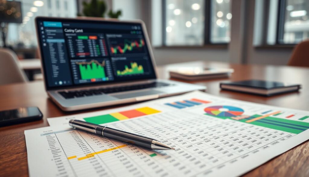 A close-up view of a detailed betting tracking sheet on a sleek wooden desk, showcasing various graphs and charts that illustrate CLV (Closing Line Value) data analysis in vibrant colors. In the foreground, emphasize a well-organized spreadsheet filled with numbers and colorful highlights indicating odds movement, with a pen poised beside it. In the middle, include a modern laptop with data visualization software open, displaying dynamic charts and statistics related to betting performance. The background features a softly lit office environment with a blurred window showing city lights, creating an ambiance of professionalism and focus. The overall mood should convey diligence and analytical prowess, suggesting a serious approach to betting strategy.