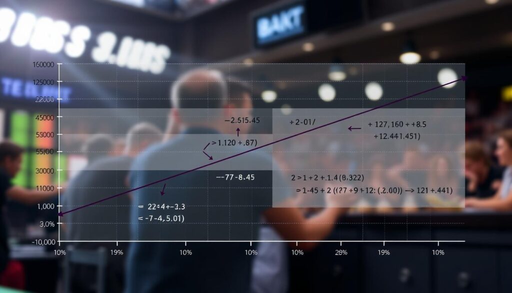 A detailed and informative chart depicting the expected value calculation for middle bets in sports betting. The foreground features graph lines and plotted points showcasing the relationships between different bet values, hit rates, and expected outcomes. The middle layer includes subtle annotations like arrows connecting data points, illustrating key concepts in an organized manner. The background is a softly blurred image of a betting environment, with elements like odds slips and sports events subtly included to enhance context. Bright, professional lighting highlights key areas of the chart, creating a clear and focused atmosphere, suitable for educational purposes. The mood is analytical and insightful, designed to engage viewers in the mathematical concepts behind betting strategies while ensuring a polished, professional presentation. A detailed and informative chart depicting the expected value calculation for middle bets in sports betting. The foreground features graph lines and plotted points showcasing the relationships between different bet values, hit rates, and expected outcomes. The middle layer includes subtle annotations like arrows connecting data points, illustrating key concepts in an organized manner. The background is a softly blurred image of a betting environment, with elements like odds slips and sports events subtly included to enhance context. Bright, professional lighting highlights key areas of the chart, creating a clear and focused atmosphere, suitable for educational purposes. The mood is analytical and insightful, designed to engage viewers in the mathematical concepts behind betting strategies while ensuring a polished, professional presentation.