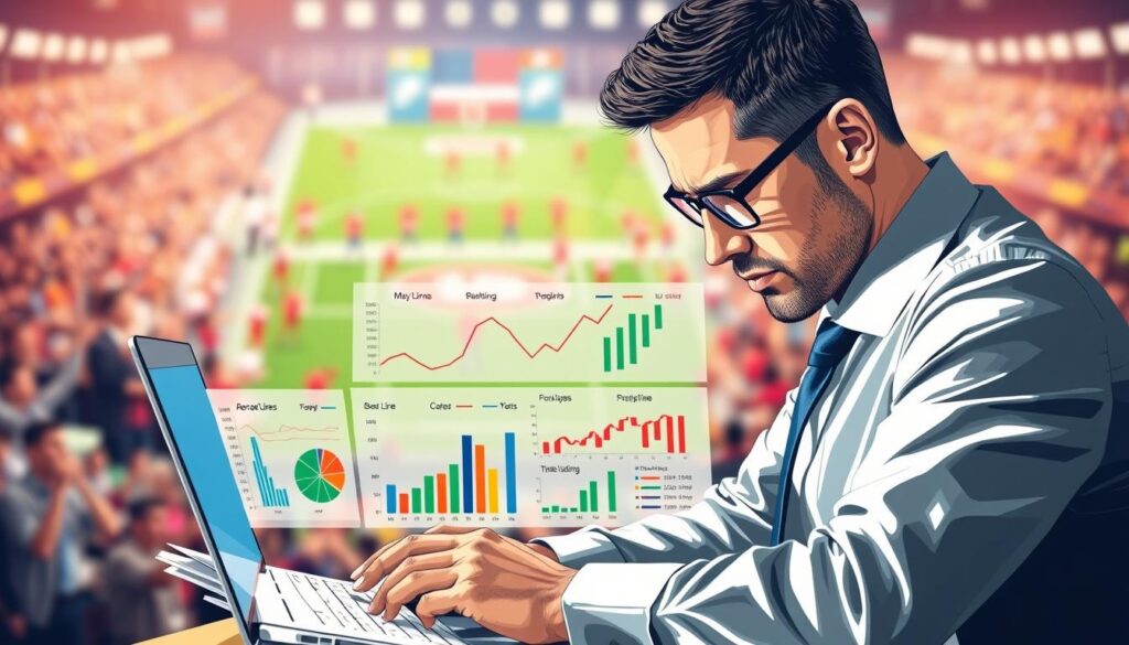 A detailed and visually engaging illustration representing the "Over/Under Strategy" in sports betting. In the foreground, depict a professional sports analyst, dressed in business attire, intensely studying statistics on a laptop with a focused expression, surrounded by analysis papers. In the middle layer, include dynamic bar graphs and color-coded charts illustrating betting lines and statistical trends related to totals trading. The background should feature a blurred image of a vibrant sports event, showcasing the excitement of live games, with fans in modest attire cheering. The lighting should be bright and focused on the analyst, enhancing a tense yet analytical atmosphere. Utilize a slightly elevated angle, emphasizing the interaction between technology and live sports, evoking a sense of strategy and careful consideration.