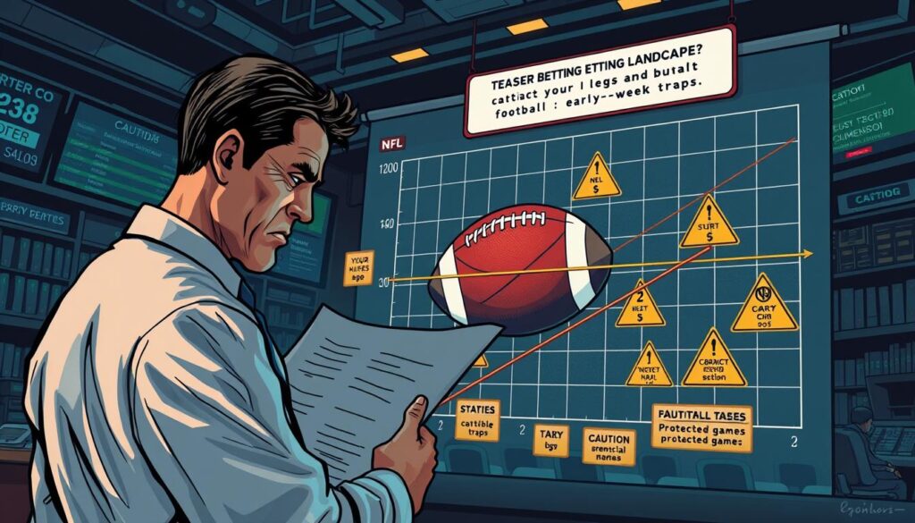 A detailed illustration of a visually complex betting landscape, focusing on the theme of "teaser betting pitfalls." In the foreground, a frustrated bettor, dressed in professional business attire, studies a complex graph featuring correlated legs and early-week traps. In the middle ground, an abstract representation of a football and basketball intertwined, symbolizing the NFL and NBA, surrounded by potential pitfalls like traps and protected games illustrated through caution signs. The background consists of a darkened sports betting environment with dim lighting, emphasizing a tense atmosphere. Use a wide-angle perspective to capture the depth of the scene, highlighting the emotional weight of poor betting decisions. The overall mood is serious and contemplative, underscoring the risks of teaser betting. A detailed illustration of a visually complex betting landscape, focusing on the theme of "teaser betting pitfalls." In the foreground, a frustrated bettor, dressed in professional business attire, studies a complex graph featuring correlated legs and early-week traps. In the middle ground, an abstract representation of a football and basketball intertwined, symbolizing the NFL and NBA, surrounded by potential pitfalls like traps and protected games illustrated through caution signs. The background consists of a darkened sports betting environment with dim lighting, emphasizing a tense atmosphere. Use a wide-angle perspective to capture the depth of the scene, highlighting the emotional weight of poor betting decisions. The overall mood is serious and contemplative, underscoring the risks of teaser betting.