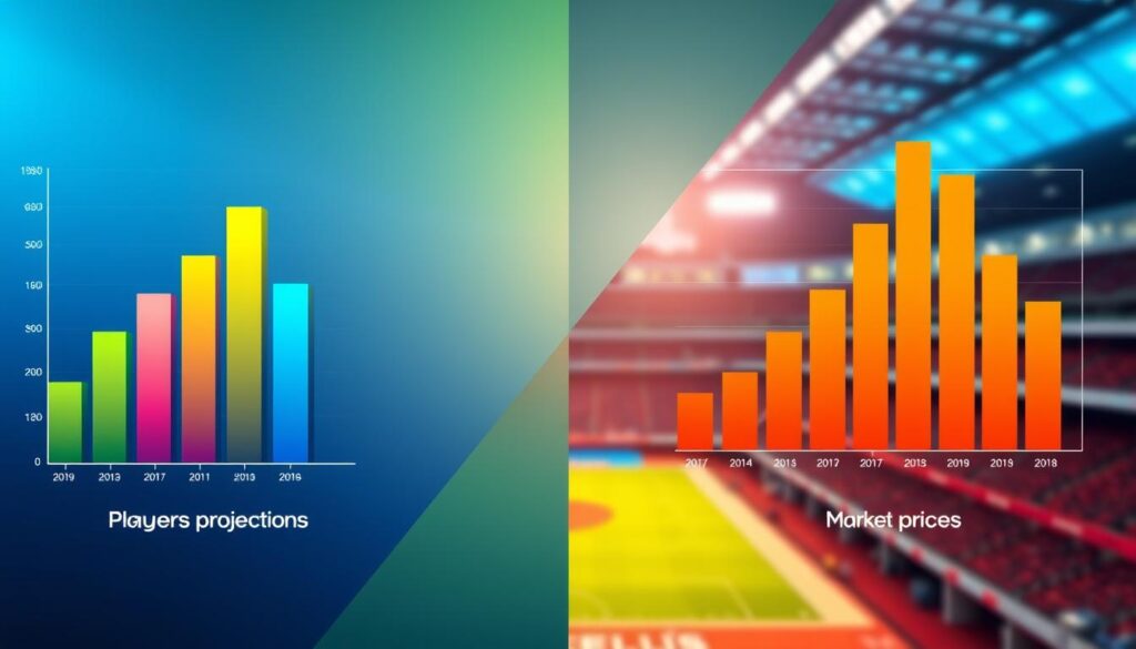A detailed, split-screen visual representing "player props projections versus market prices." On the left, create a vibrant bar graph with colorful bars indicating player projections, overlaying a smooth gradient background of blue and green, symbolizing analytical data. On the right, depict a contrasting bar graph in warm tones like orange and red for market prices, with a blurred sports arena view in the background, emphasizing a competitive atmosphere. Incorporate elements like a digital interface dashboard with charts and numbers to enhance the analytical feel. Use soft lighting to create a professional ambiance, capturing the essence of data analysis in sports betting without any text or additional distractions. Aim for a clean, modern aesthetic that conveys the intersection of analytics and market dynamics. A detailed, split-screen visual representing "player props projections versus market prices." On the left, create a vibrant bar graph with colorful bars indicating player projections, overlaying a smooth gradient background of blue and green, symbolizing analytical data. On the right, depict a contrasting bar graph in warm tones like orange and red for market prices, with a blurred sports arena view in the background, emphasizing a competitive atmosphere. Incorporate elements like a digital interface dashboard with charts and numbers to enhance the analytical feel. Use soft lighting to create a professional ambiance, capturing the essence of data analysis in sports betting without any text or additional distractions. Aim for a clean, modern aesthetic that conveys the intersection of analytics and market dynamics.