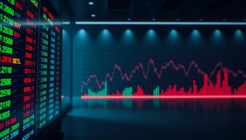 A detailed visualization of a betting exchange order queue on the left side of the image, featuring a dynamic digital display with color-coded buy and sell orders in vibrant shades of green and red. In the middle, a tick-size chart illustrates price fluctuations, shown with ascending and descending lines against a sleek, dark background. The background should depict a modern trading environment with soft, ambient lighting that highlights the technical elements, suggesting a sense of urgency and excitement. An angled perspective offers depth, capturing the interaction between the order queue and tick-size chart. The atmosphere conveys a professional and analytical mood suited for a financial context, devoid of any text or distractions. The overall composition merges technology and market dynamics in a visually engaging manner. A detailed visualization of a betting exchange order queue on the left side of the image, featuring a dynamic digital display with color-coded buy and sell orders in vibrant shades of green and red. In the middle, a tick-size chart illustrates price fluctuations, shown with ascending and descending lines against a sleek, dark background. The background should depict a modern trading environment with soft, ambient lighting that highlights the technical elements, suggesting a sense of urgency and excitement. An angled perspective offers depth, capturing the interaction between the order queue and tick-size chart. The atmosphere conveys a professional and analytical mood suited for a financial context, devoid of any text or distractions. The overall composition merges technology and market dynamics in a visually engaging manner.
