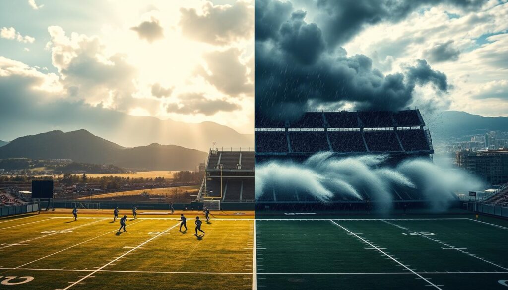 A dynamic scene highlighting the impact of weather on NFL totals betting, featuring a split landscape: the foreground shows a clear, sunny football field with players in action, representing optimal weather conditions, while the middle ground transitions to a stadium battered by strong winds and rain, with dark clouds overhead, symbolizing adverse weather. In the background, a mountainous terrain depicts high altitude and a distant city skyline indicating travel impacts. The lighting is dramatic, showcasing contrasts between light and shadow. The atmosphere is tense yet engaging, illustrating the strategic complexity of betting influenced by weather elements. Use an aerial view to capture the breadth of the scene, focusing on the interplay between games and weather conditions.