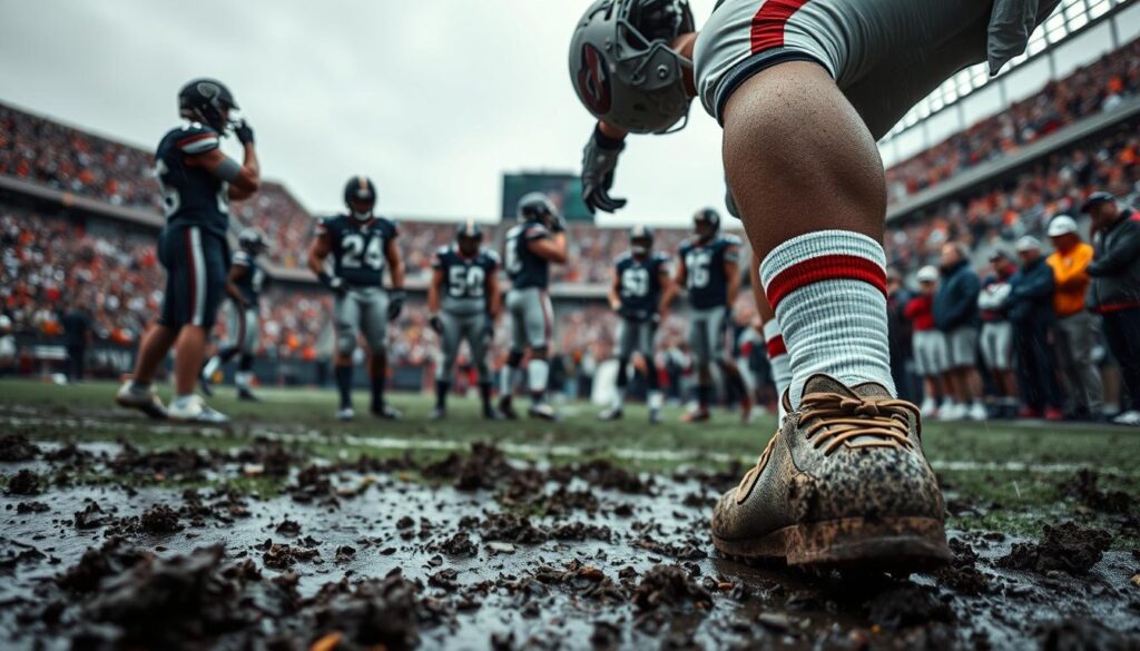 A dynamic scene illustrating the complex interplay of football props, featuring a player in professional sportswear, mid-action, adjusting their helmet as they navigate a wet, muddy field under overcast skies. In the foreground, focused on the player, showcase a close-up view of the muddy cleats impacting the ground. The middle ground comprises teammates discussing strategy, emphasizing role changes in a huddle, with weather effects subtly influencing their expressions and movements. The background captures a stadium filled with cheering fans, blurring slightly to create depth, with dramatic lighting highlighting the player’s determination amidst the dreary weather. The overall mood should convey intensity, strategy, and the impact of conditions on performance, all while ensuring a professional, safe-for-work presentation. A dynamic scene illustrating the complex interplay of football props, featuring a player in professional sportswear, mid-action, adjusting their helmet as they navigate a wet, muddy field under overcast skies. In the foreground, focused on the player, showcase a close-up view of the muddy cleats impacting the ground. The middle ground comprises teammates discussing strategy, emphasizing role changes in a huddle, with weather effects subtly influencing their expressions and movements. The background captures a stadium filled with cheering fans, blurring slightly to create depth, with dramatic lighting highlighting the player’s determination amidst the dreary weather. The overall mood should convey intensity, strategy, and the impact of conditions on performance, all while ensuring a professional, safe-for-work presentation.